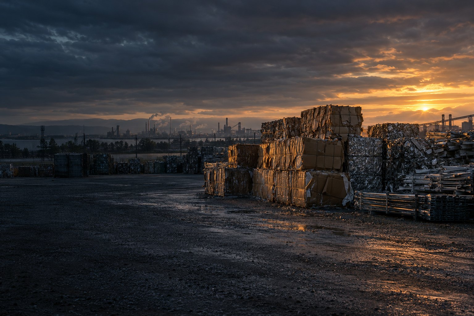 Illustrative image of strapped bales of cardboard and compressed metal in an industrial recycling yard at sunset; not a photo of the client or its facility